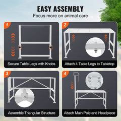 Infographic showing easy assembly steps for a 47x23in adjustable metal goat sheep stand.