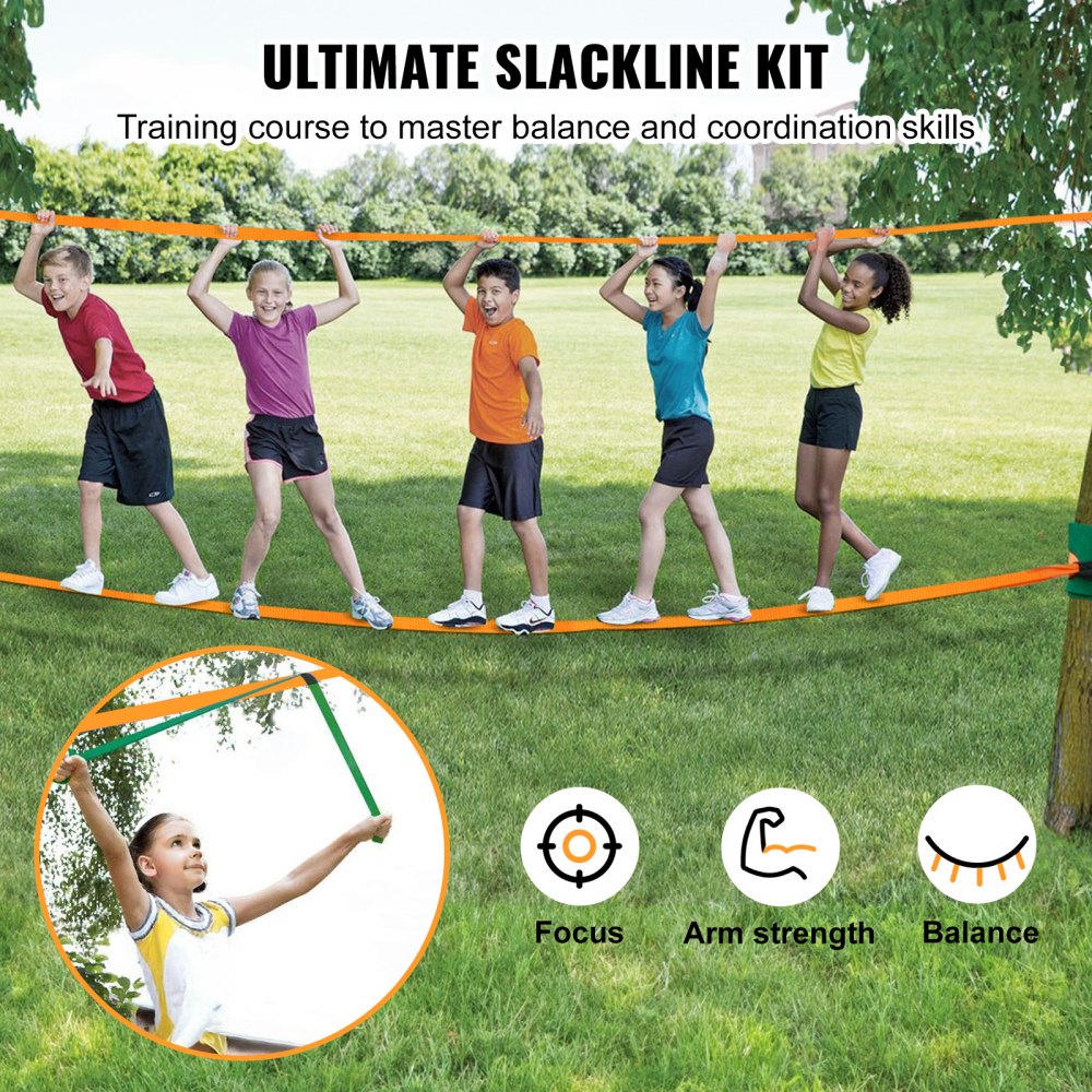 Slackline Kit with Training Line, 60 ft Backyard Slack Line Equipment, Easy Setup Tight Rope for Kids Adults, Complete Slackline Set with Tree Protectors, Arm Trainer, Carry Bag, and Instruction