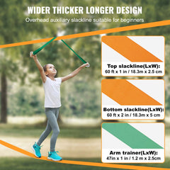 Slackline Kit with Training Line, 60 ft Backyard Slack Line Equipment, Easy Setup Tight Rope for Kids Adults, Complete Slackline Set with Tree Protectors, Arm Trainer, Carry Bag, and Instruction