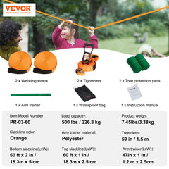 Slackline Kit with Training Line, 60 ft Backyard Slack Line Equipment, Easy Setup Tight Rope for Kids Adults, Complete Slackline Set with Tree Protectors, Arm Trainer, Carry Bag, and Instruction