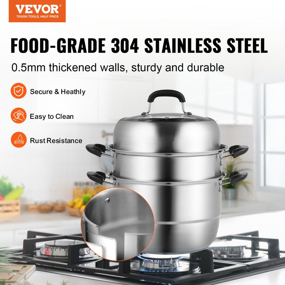Steamer Pot 11in/28cm, 3 Tier Steamer Pot for Cooking with 8.5QT Stock Pot, Vegetable Steamer & 2 Steaming Tray, Food-Grade 304 Stainless Steel Food Steamer Cookware for Gas Electric Stove Grill