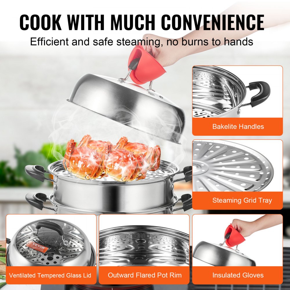 Steamer Pot 11in/28cm, 3 Tier Steamer Pot for Cooking with 8.5QT Stock Pot, Vegetable Steamer & 2 Steaming Tray, Food-Grade 304 Stainless Steel Food Steamer Cookware for Gas Electric Stove Grill