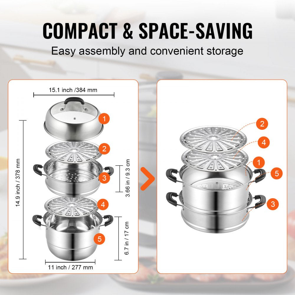 Steamer Pot 11in/28cm, 3 Tier Steamer Pot for Cooking with 8.5QT Stock Pot, Vegetable Steamer & 2 Steaming Tray, Food-Grade 304 Stainless Steel Food Steamer Cookware for Gas Electric Stove Grill