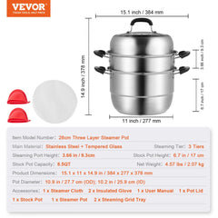Steamer Pot 11in/28cm, 3 Tier Steamer Pot for Cooking with 8.5QT Stock Pot, Vegetable Steamer & 2 Steaming Tray, Food-Grade 304 Stainless Steel Food Steamer Cookware for Gas Electric Stove Grill
