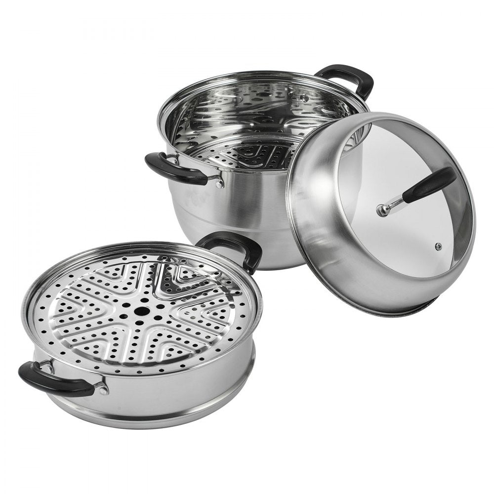 Steamer Pot 11in/28cm, 3 Tier Steamer Pot for Cooking with 8.5QT Stock Pot, Vegetable Steamer & 2 Steaming Tray, Food-Grade 304 Stainless Steel Food Steamer Cookware for Gas Electric Stove Grill