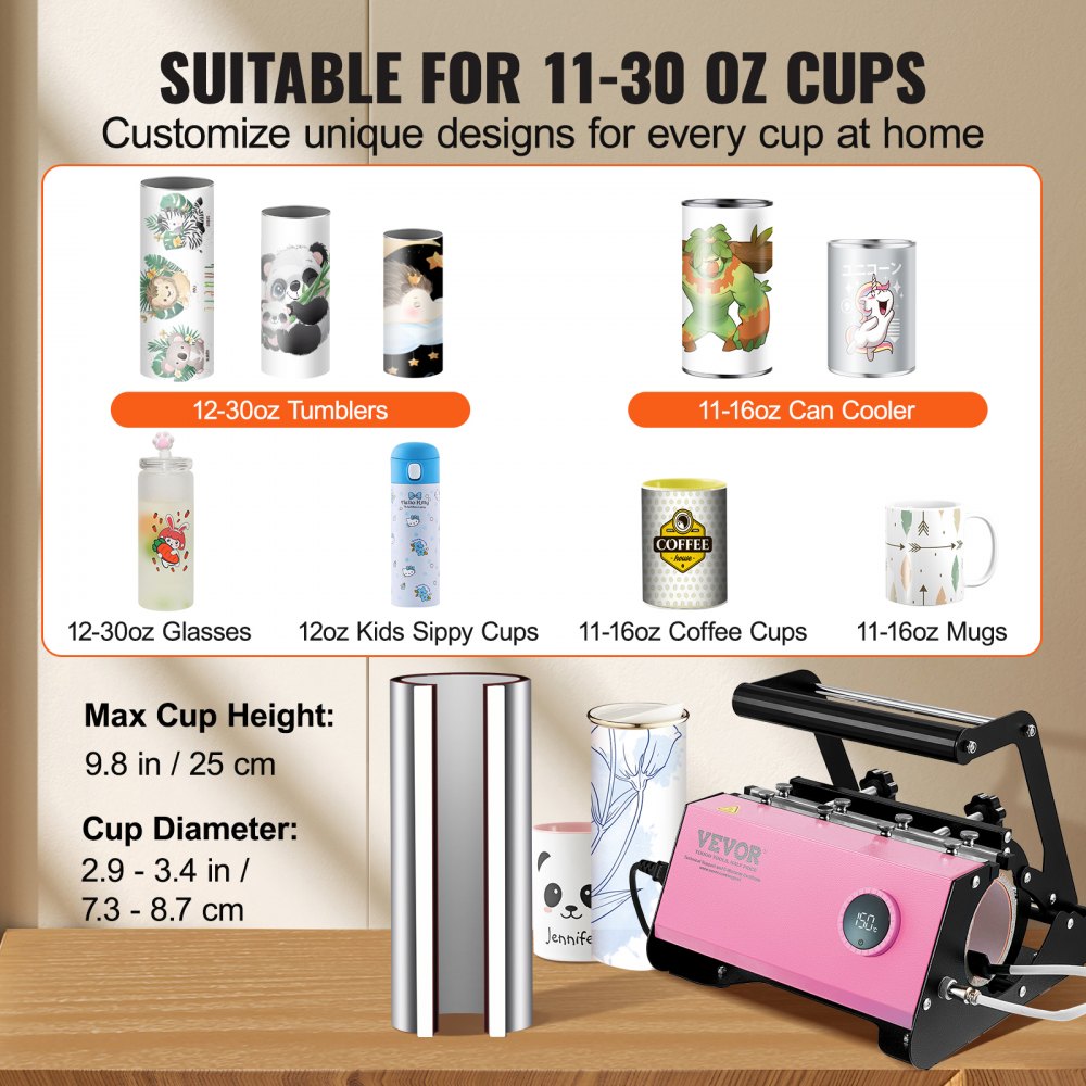Pink Bostome mug heat press machine for sublimation tumblers, adjustable for 11-30oz cups.
