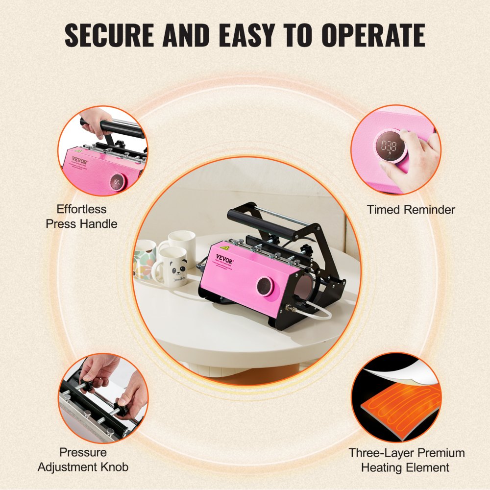 Pink Bostome mug heat press machine for sublimation tumblers, fits 11-30oz sizes.
