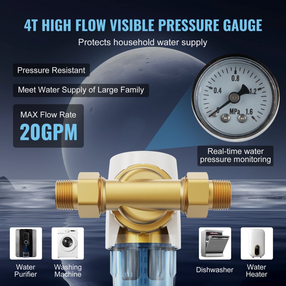Spin Down Filter, 40 Micron Whole House Sediment Filter for Well Water, 3/4" MNPT, 4 T/H High Flow Rate, for Whole House Water Filtration Systems, Well Water Sediment Filter