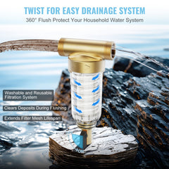 Spin Down Filter, 40 Micron + 30 Micron Fine Filtration, Whole House Sediment Filter for Well Water, 3/4" FNPT + 1" MNPT, 4 T/H High Flow Rate, for Whole House Water Filtration Systems