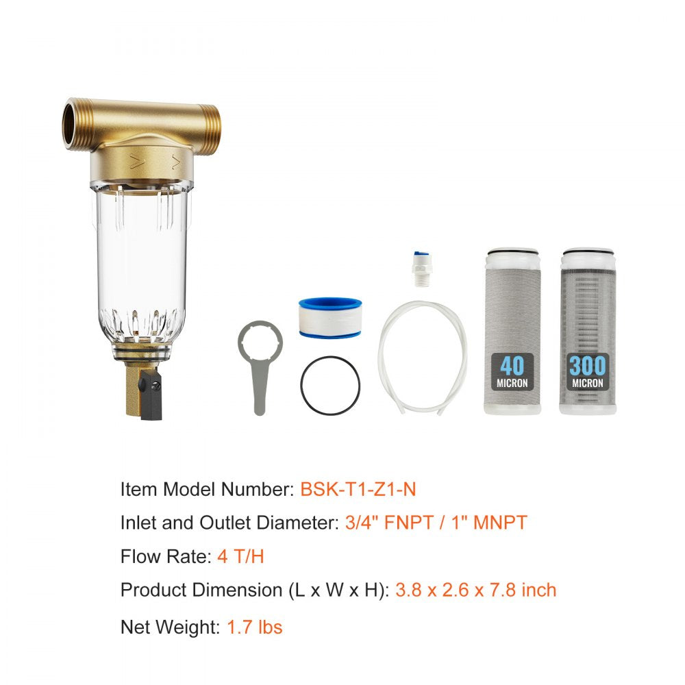 Spin Down Filter, 40 Micron + 30 Micron Fine Filtration, Whole House Sediment Filter for Well Water, 3/4" FNPT + 1" MNPT, 4 T/H High Flow Rate, for Whole House Water Filtration Systems