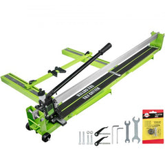 Green 47-inch manual tile cutter with steel frame, laser guide, and accessories.