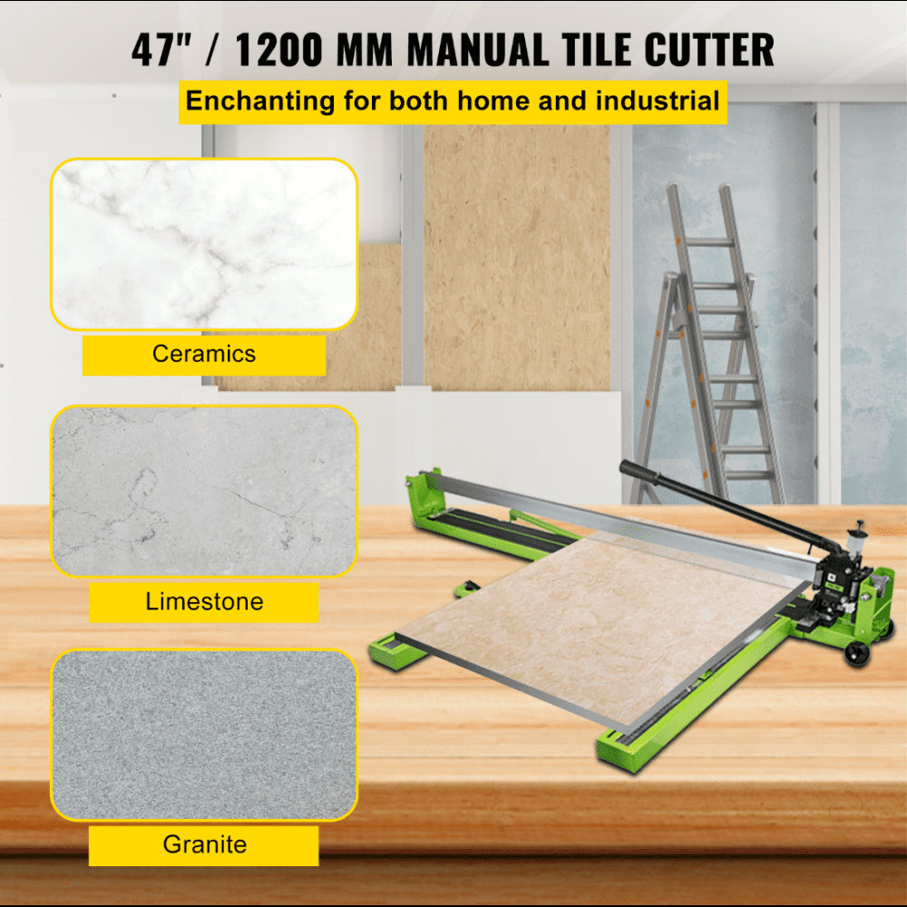 47-inch manual tile cutter with steel frame and laser guide for cutting ceramics, limestone, and granite.