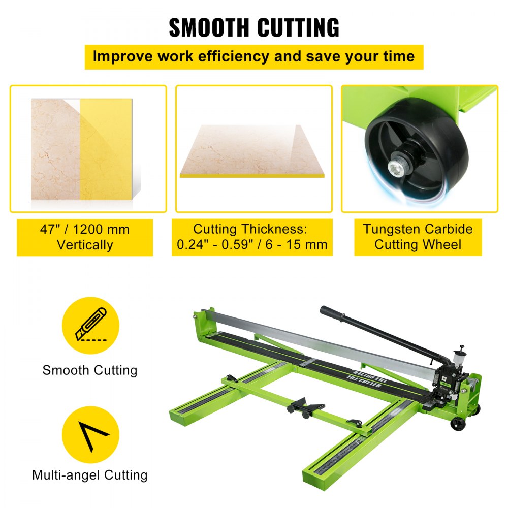 Green steel frame manual tile cutter with laser guide and tungsten carbide cutting wheel.