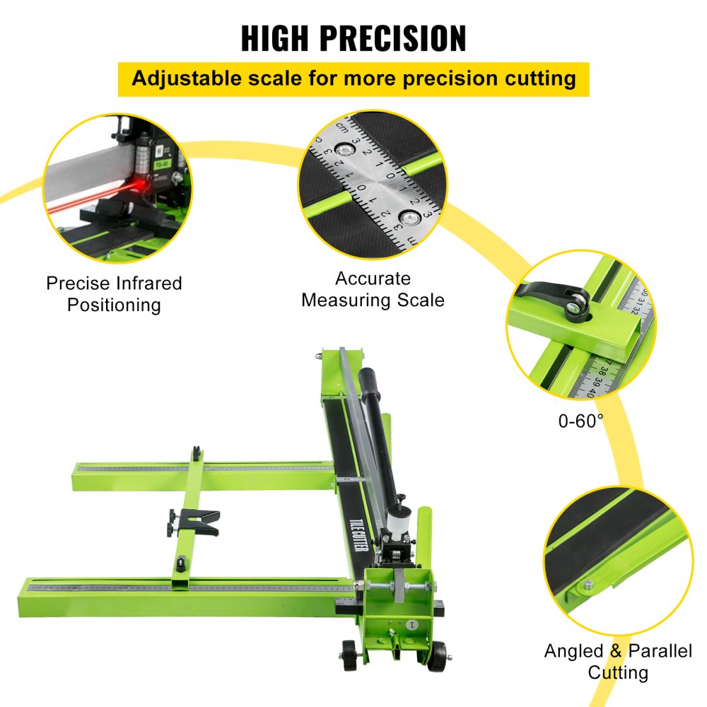 Green 47-inch manual tile cutter with steel frame, laser guide, adjustable scale, and 0-60 degree angle markings.