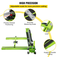 Green 47-inch manual tile cutter with steel frame, laser guide, adjustable scale, and 0-60 degree angle markings.