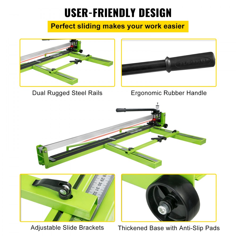 Green steel frame manual tile cutter with laser guide, ergonomic handle, and adjustable slide brackets.