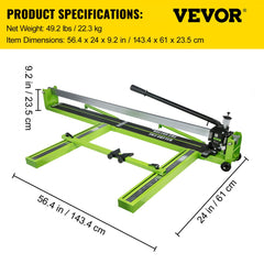 Green 47-inch manual tile cutter with steel frame, laser guide, and wheeled base.