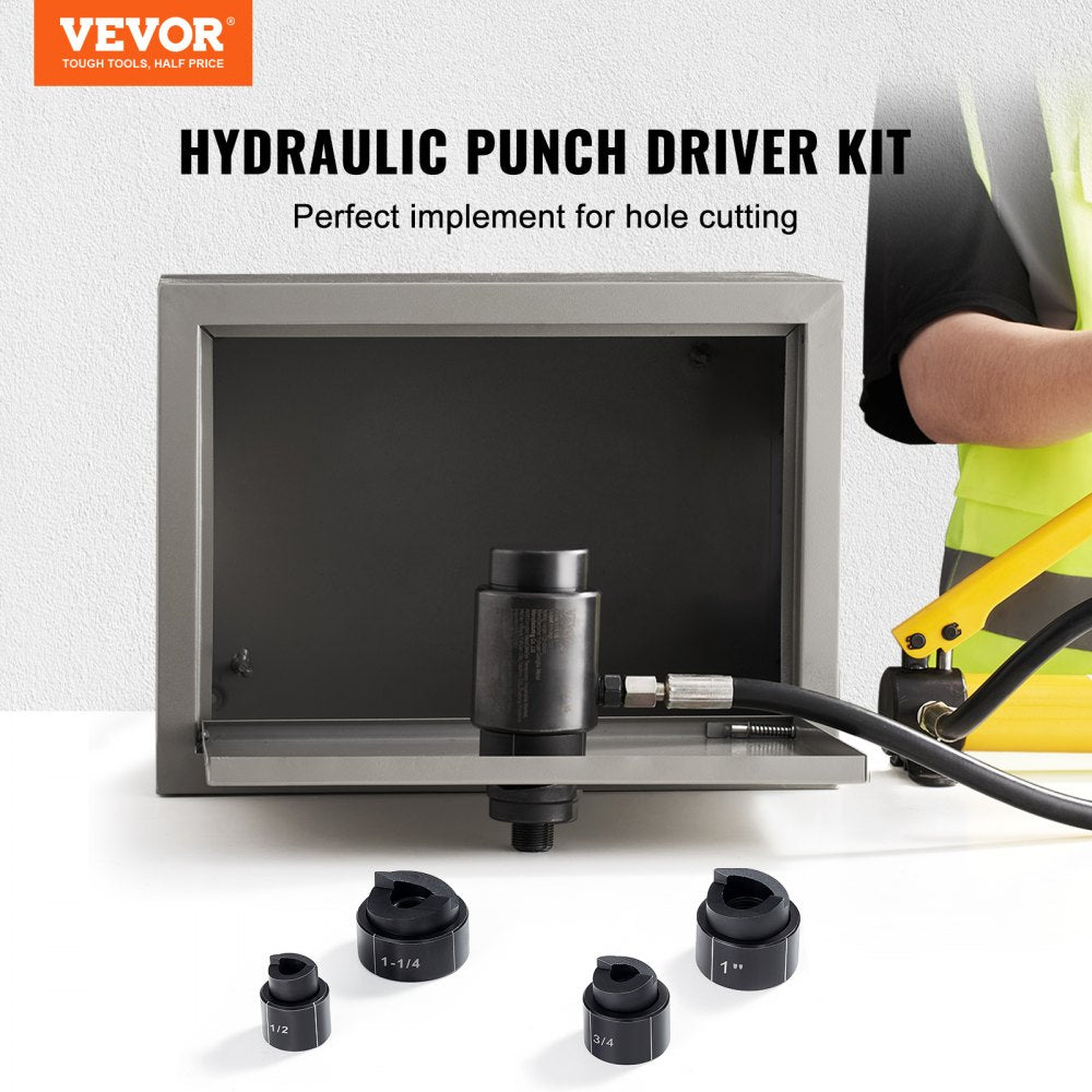 Bostome hydraulic knockout punch driver kit with 4 dies from 1/2" to 1-1/4" and hydraulic pump.