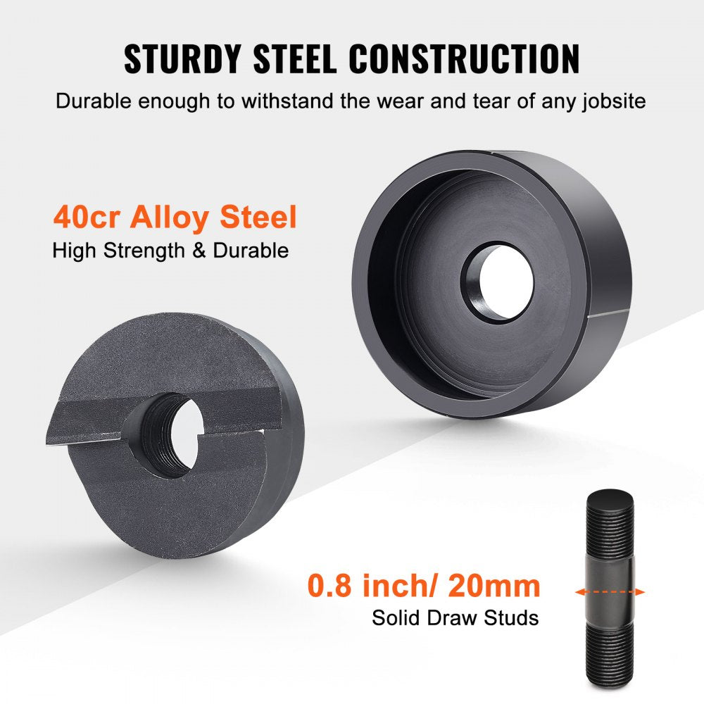 Two black 40Cr alloy steel knockout punch dies, one 0.8 inch with solid draw studs, on white background.