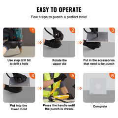 Infographic showing 6 steps to operate a hydraulic knockout punch driver kit with 4 dies.