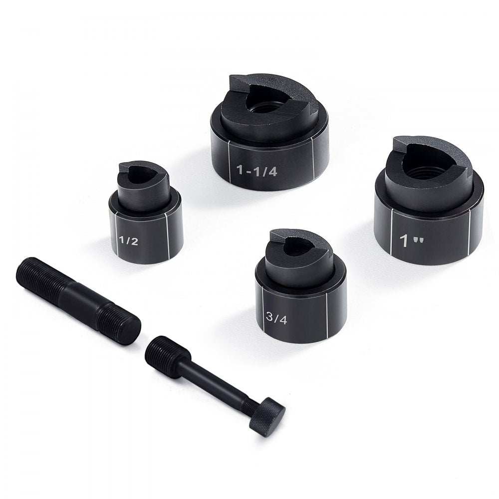 Bostome hydraulic knockout punch driver kit with four black dies sized 1/2" to 1-1/4" and draw studs.
