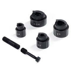 Bostome hydraulic knockout punch driver kit with four black dies sized 1/2" to 1-1/4" and draw studs.
