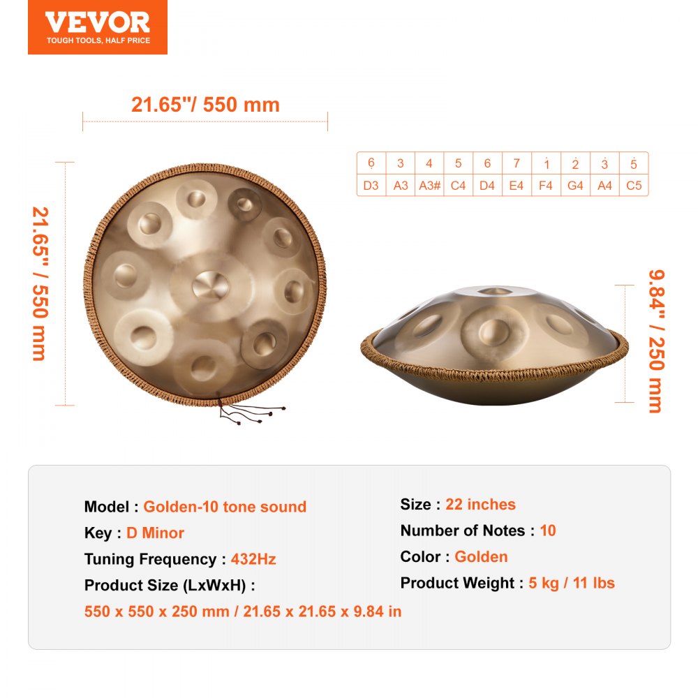 Handpan Drum 22 in 10 Notes D Minor Hand Drum Instrument with Mallet