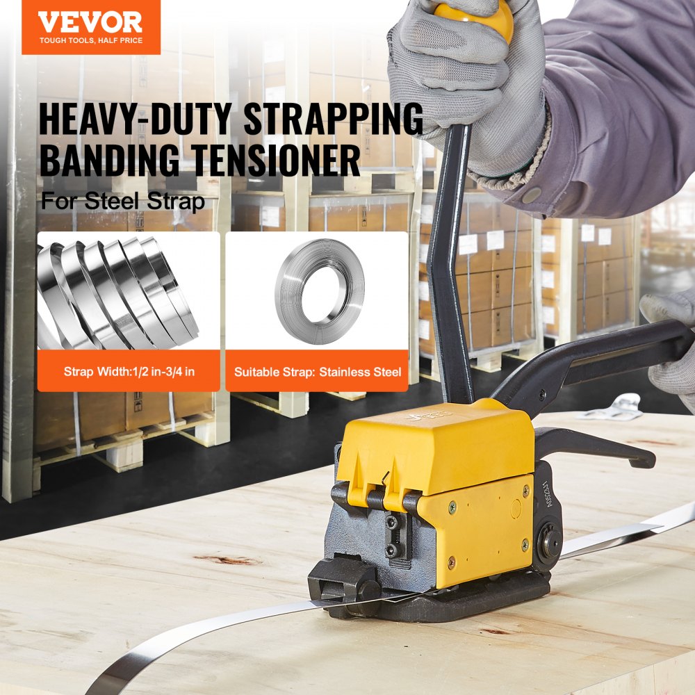 Steel Strapping Tool for 1/2"-3/4" Width, 3-in-1 (Tensioner, Crimper, Cutter) Manual Belt Packaging Banding Machine Packaging Metal Steel Strapping Banding Tool Machine for Stainless Steel Strap