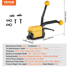 Steel Strapping Tool for 1/2"-3/4" Width, 3-in-1 (Tensioner, Crimper, Cutter) Manual Belt Packaging Banding Machine Packaging Metal Steel Strapping Banding Tool Machine for Stainless Steel Strap
