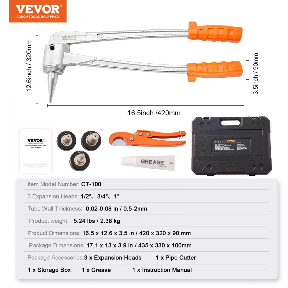 Pipe Tube Expander, 1/2", 3/4", 1" OD PEX Tubing Expander, Professional Manual Lever PEX Tools Expander, with 3 Expansion Heads, Pipe Cutter for PEX Tubes