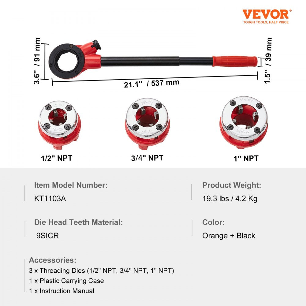 Ratchet Pipe Threader Kit, 1/2" NPT, 3/4" NPT, 1" NPT Manual Ratcheting Pipe Threader, Portable Pipe Threading Tool Set with 3PCS NPT Dies, Storage Case for Galvanized Aluminum Iron Copper Pipes