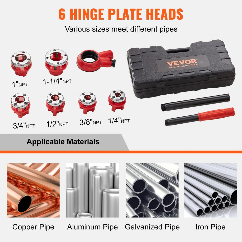 Bostome ratchet pipe threader kit with 6 NPT dies from 1/4" to 1-1/4" in a case.