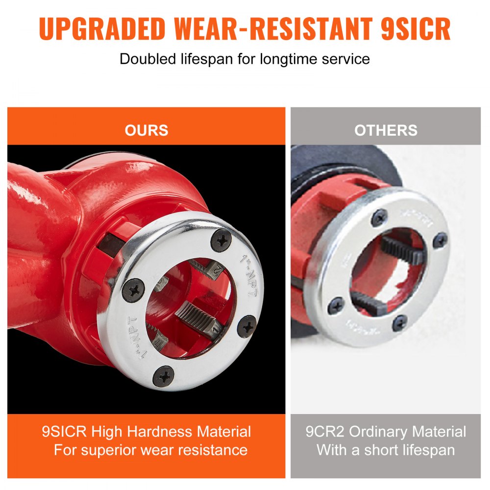 Comparison of upgraded 9SiCr ratchet pipe threader die with high hardness material versus ordinary 9Cr material with short lifespan.