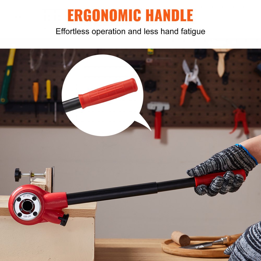 Bostome ratchet pipe threader kit with red ergonomic handle and six dies on workbench.