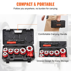 Bostome ratchet pipe threader kit in open case with six red NPT dies for 1/4" to 1-1/4" pipes and ratcheting handle.