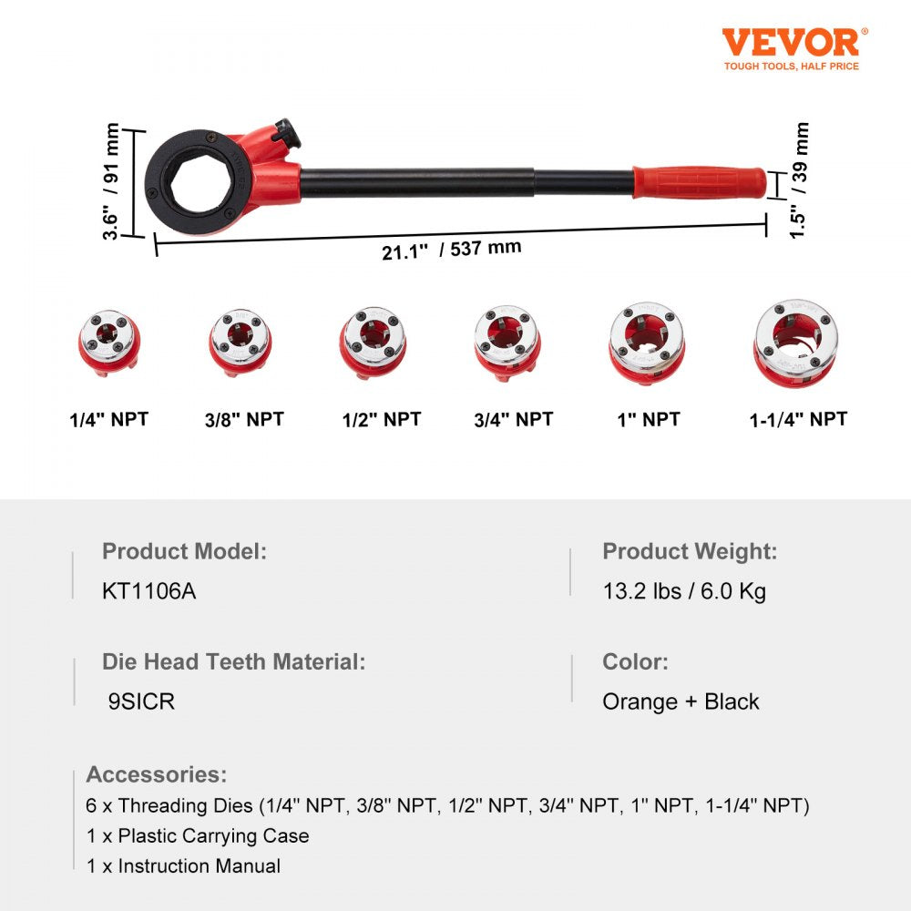 Bostome ratchet pipe threader kit with 6 NPT dies from 1/4" to 1-1/4" in orange and black.