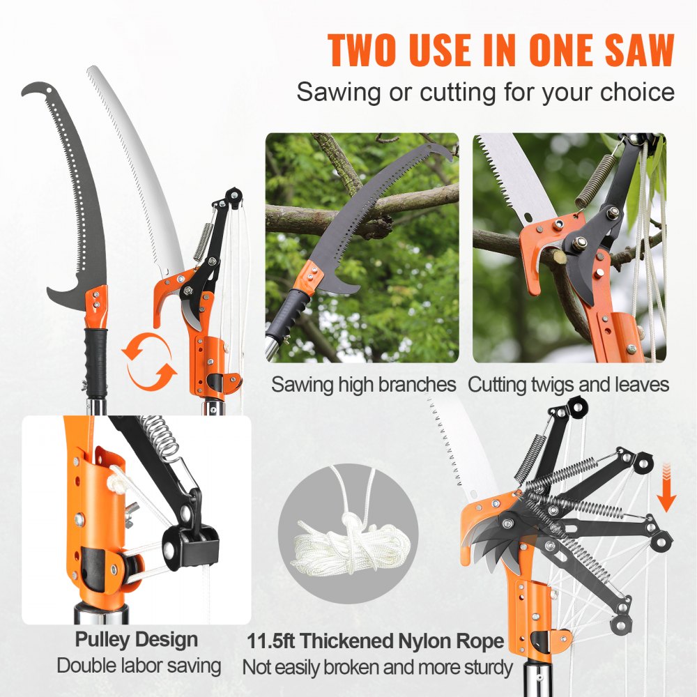 Manual Pole Saw, 7.3-27 ft Extendable Tree Pruner, Sharp Steel Blade and Scissors High Branches Trimming, Branch Trimmer with Lightweight 8 Fiberglass Handles, for Pruning Palms and Shrubs