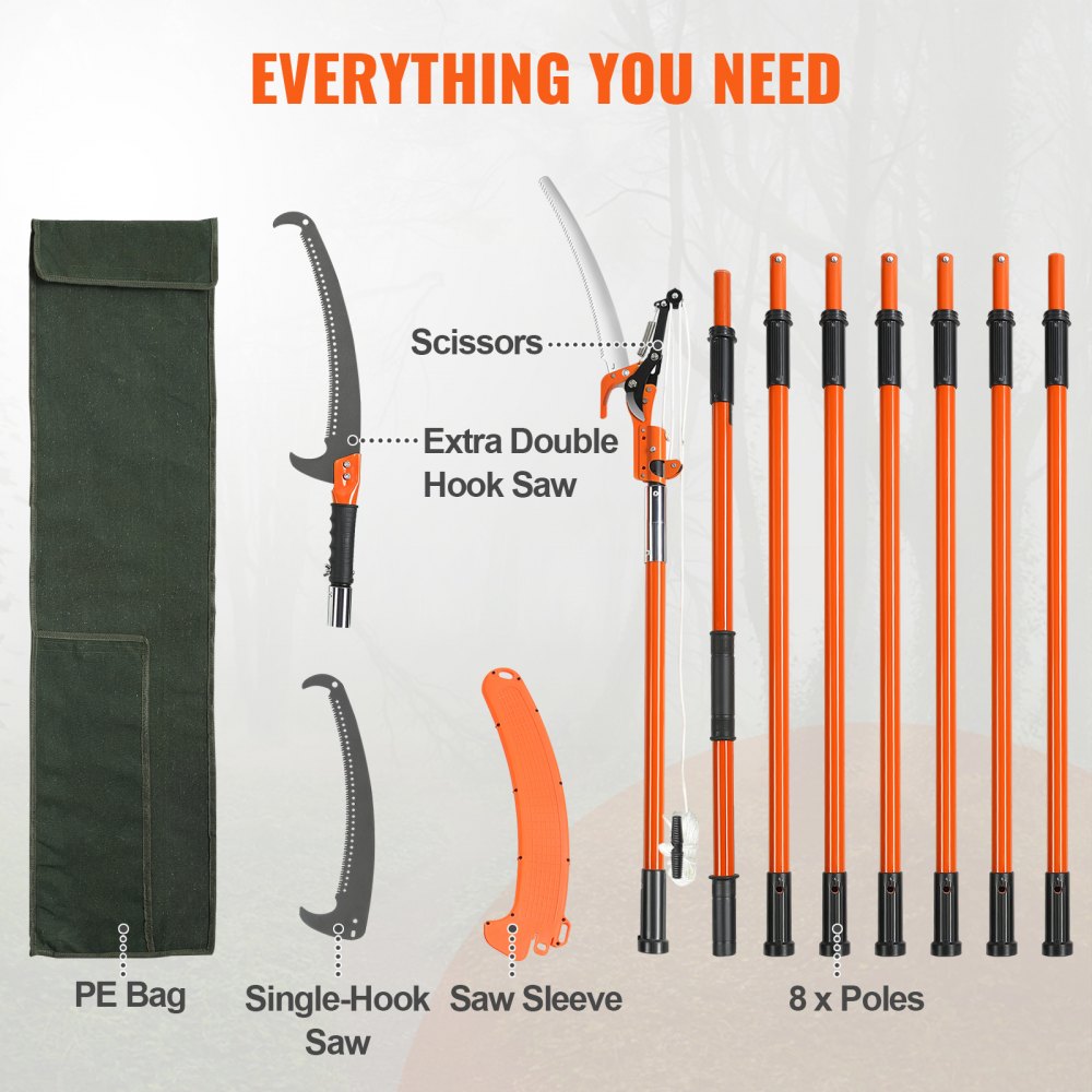 Manual Pole Saw, 7.3-27 ft Extendable Tree Pruner, Sharp Steel Blade and Scissors High Branches Trimming, Branch Trimmer with Lightweight 8 Fiberglass Handles, for Pruning Palms and Shrubs