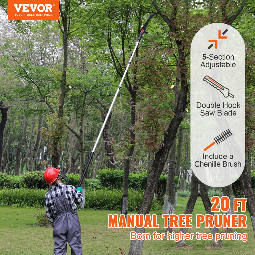 Manual Pole Saw, 4.9-20 ft Extendable Tree Pruner, Sharp Steel Blade for High Branches Trimming, with Lightweight Aluminum Alloy Handle and a Chenille Brush, for Pruning Palms and Shrubs