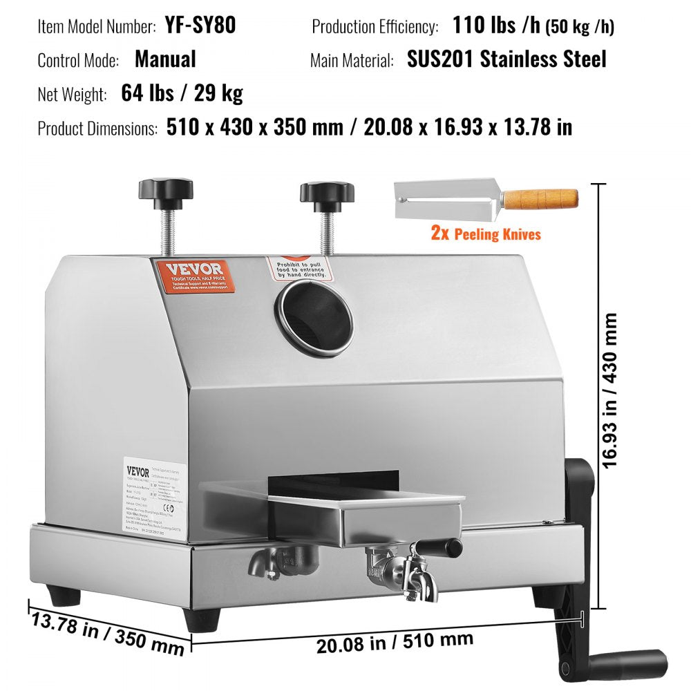 Commercial Sugar Cane Juicer, 110LBS/H High Output Sugarcane Juicer Machine with 3 Stainless Steel Rollers and 2.4" Large Inlet, Manual Sugarcane Juice Squeezer Extractor for Commercial/Home Use