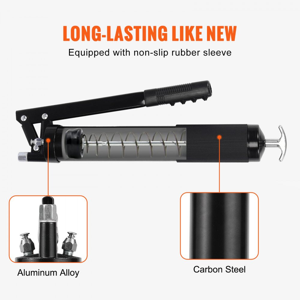 Grease Gun, 10000 PSI Max. Working Pressure, 20 OZ / 600 CC Capacity Heavy Duty Lever Action Grease Gun Kit, Includes 18.5 Inch Flexible Hose, 2 Black Flat Couplers, and 1 Straight Metal Pipes