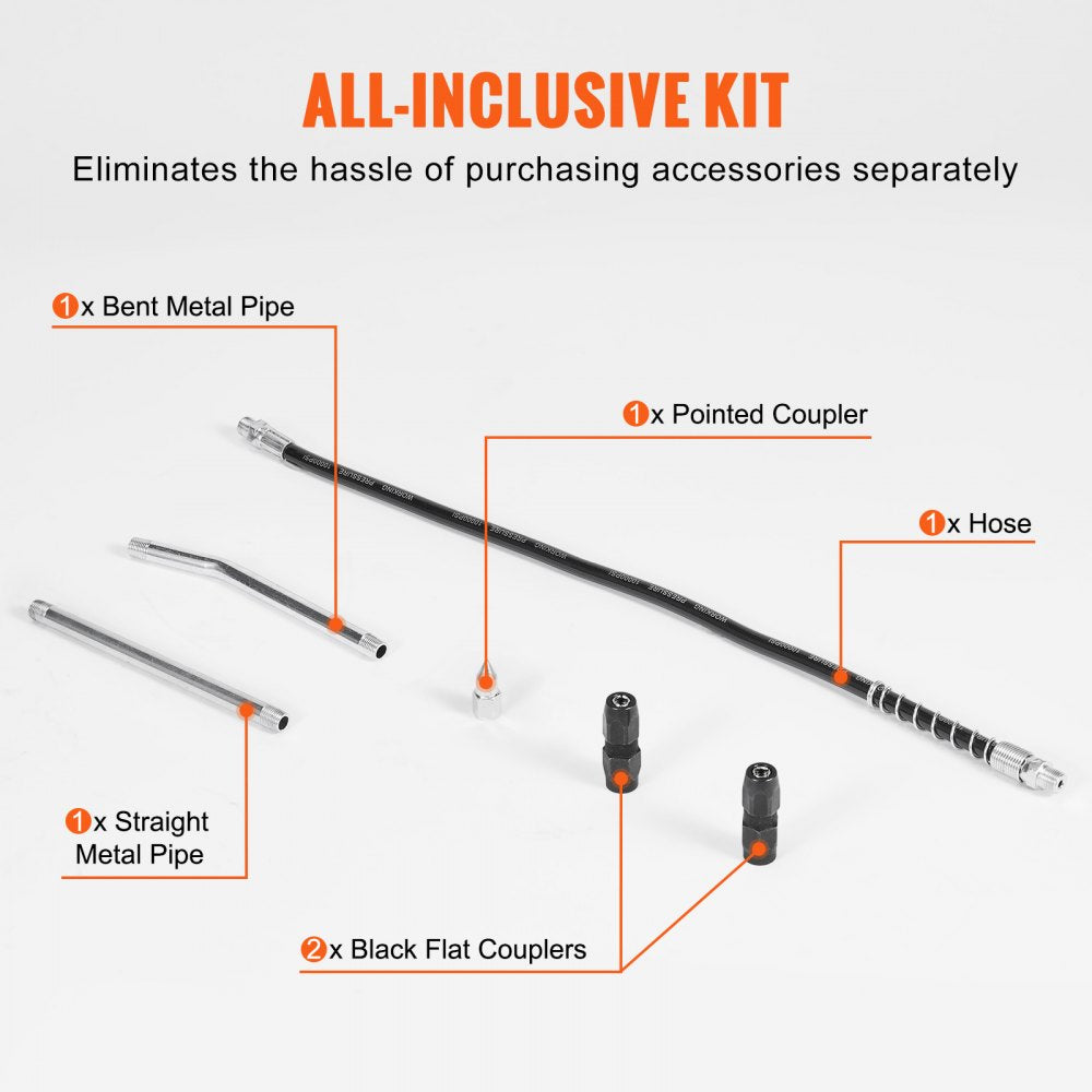 Grease Gun, 10000 PSI Max. Working Pressure, 20 OZ / 600 CC Capacity Heavy Duty Lever Action Grease Gun Kit, Includes 18.5 Inch Flexible Hose, 2 Black Flat Couplers, and 1 Straight Metal Pipes