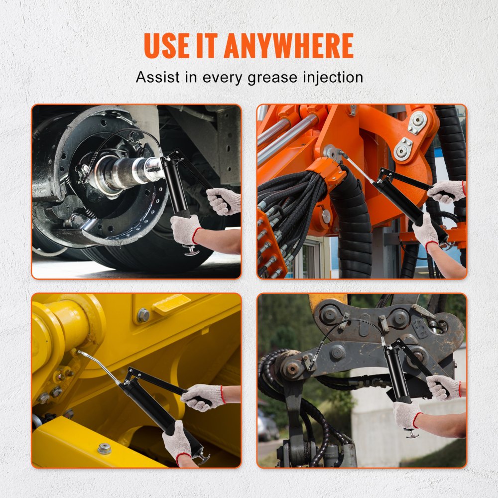 Grease Gun, 10000 PSI Max. Working Pressure, 20 OZ / 600 CC Capacity Heavy Duty Lever Action Grease Gun Kit, Includes 18.5 Inch Flexible Hose, 2 Black Flat Couplers, and 1 Straight Metal Pipes