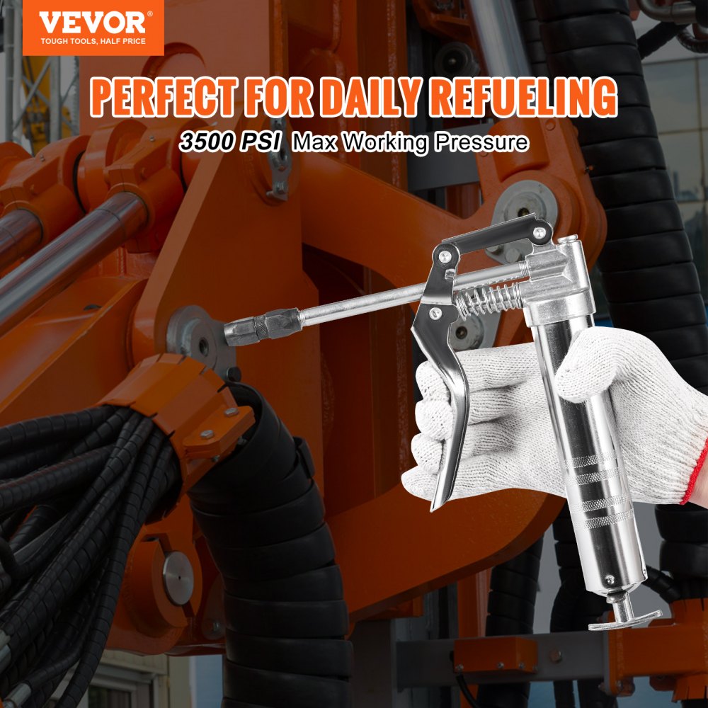 Pistol Grip Grease Gun, 3500 PSI, 4 OZ / 120 CC Capacity Heavy Duty Professional Grease Gun, with 11.65 Inch Flexible Hose 2 Black Flat Couplers, 1 Reinforced Nozzle, and 2 Rigid Metal Pipes