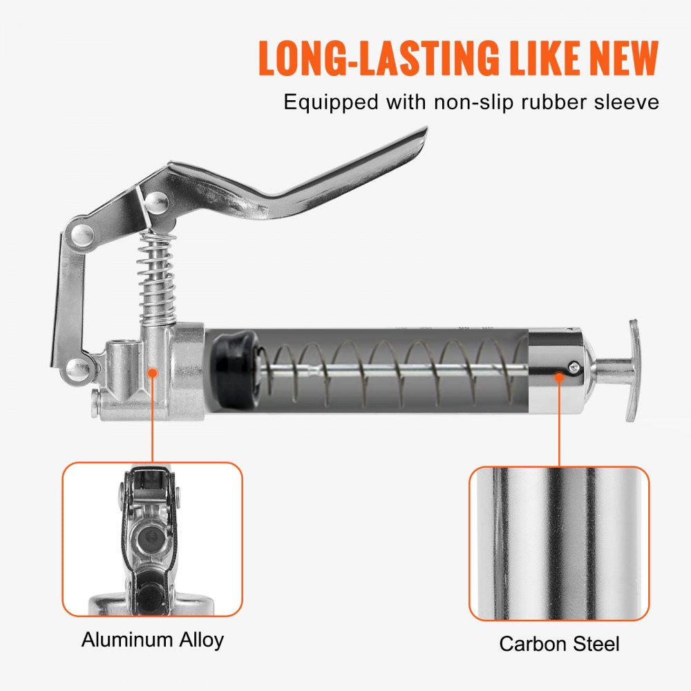 Pistol Grip Grease Gun, 3500 PSI, 4 OZ / 120 CC Capacity Heavy Duty Professional Grease Gun, with 11.65 Inch Flexible Hose 2 Black Flat Couplers, 1 Reinforced Nozzle, and 2 Rigid Metal Pipes