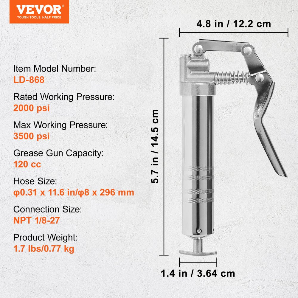 Pistol Grip Grease Gun, 3500 PSI, 4 OZ / 120 CC Capacity Heavy Duty Professional Grease Gun, with 11.65 Inch Flexible Hose 2 Black Flat Couplers, 1 Reinforced Nozzle, and 2 Rigid Metal Pipes