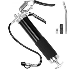 Pistol Grip Grease Gun, 6000 PSI, 14 OZ / 400 CC Capacity Heavy Duty Professional Grease Gun, with 17.72 Inch Flexible Hose 1 Black Flat Coupler, 1 Pointed Coupler, and 1 Bent Metal Pipe