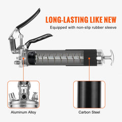 Pistol Grip Grease Gun, 6000 PSI, 14 OZ / 400 CC Capacity Heavy Duty Professional Grease Gun, with 17.72 Inch Flexible Hose 1 Black Flat Coupler, 1 Pointed Coupler, and 1 Bent Metal Pipe