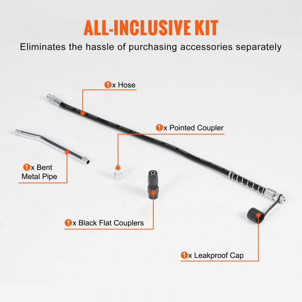 Pistol Grip Grease Gun, 6000 PSI, 14 OZ / 400 CC Capacity Heavy Duty Professional Grease Gun, with 17.72 Inch Flexible Hose 1 Black Flat Coupler, 1 Pointed Coupler, and 1 Bent Metal Pipe