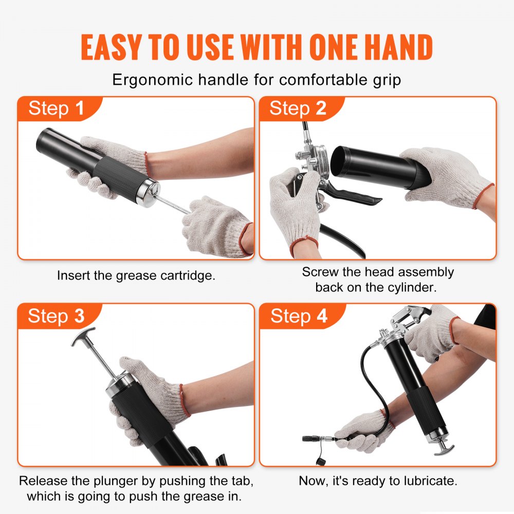 Pistol Grip Grease Gun, 6000 PSI, 14 OZ / 400 CC Capacity Heavy Duty Professional Grease Gun, with 17.72 Inch Flexible Hose 1 Black Flat Coupler, 1 Pointed Coupler, and 1 Bent Metal Pipe